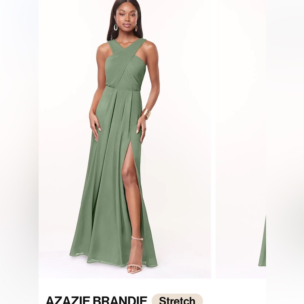 AZAZIR Brandie Matcha A-Line Pleated Stretch Chiffon Dress